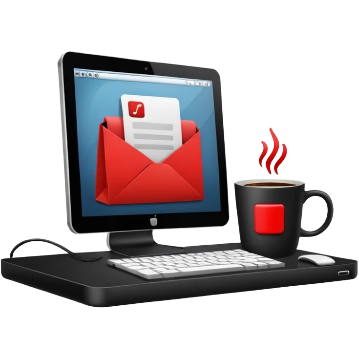 work computer with coffee and red square tag emoji