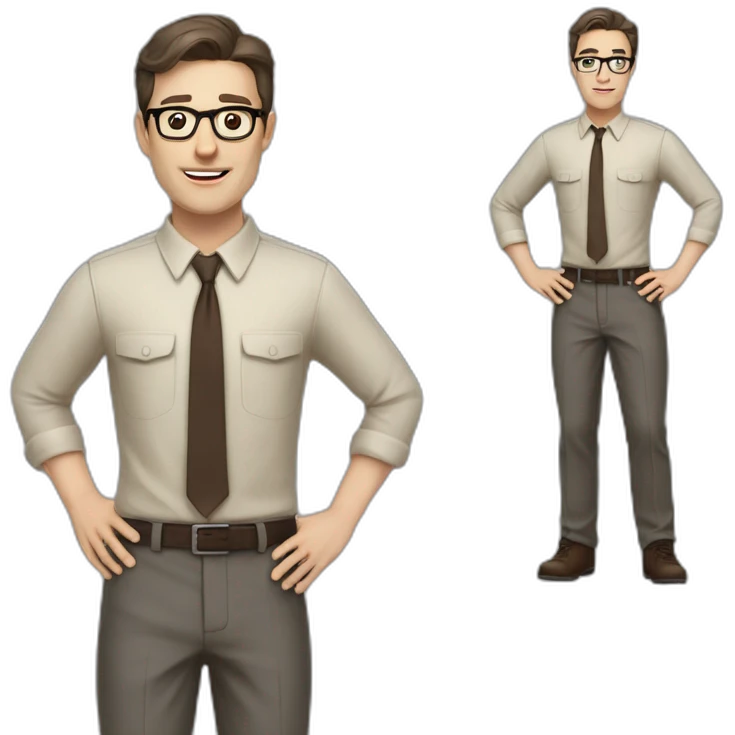 Full height Actively Gesturing Pale skinned fit man with dark brown hair in gray jacket, beige office shirt, brown tie, brown pants and vintage glasses. emoji