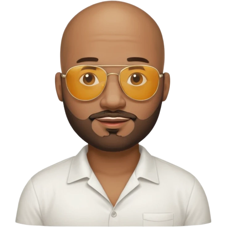a black guy with a trimmed beard and he’s bald with sunglasses with a stubby neck and white shirt with a little smile and big lips emoji