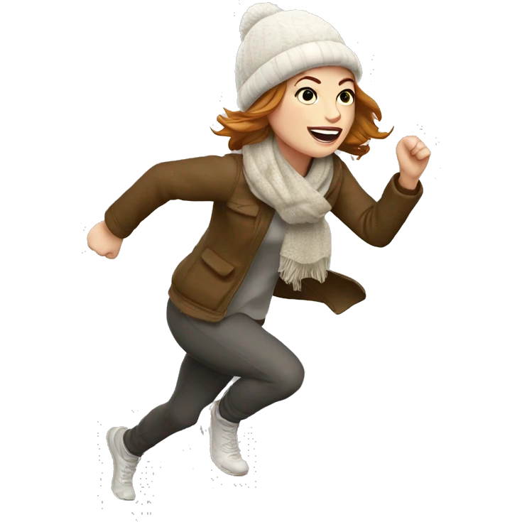Emma Stone running, with a large stride and arms outstretched, wearing an Snow Hat Scarf, long golden brown hair emoji