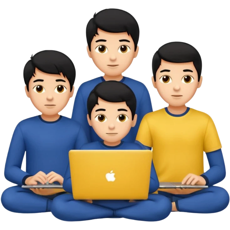 technologist using laptop coding with 2 other technologist color yellow three of it is boy  that using 3 laptop the hair is black and the cloth is dark blue emoji