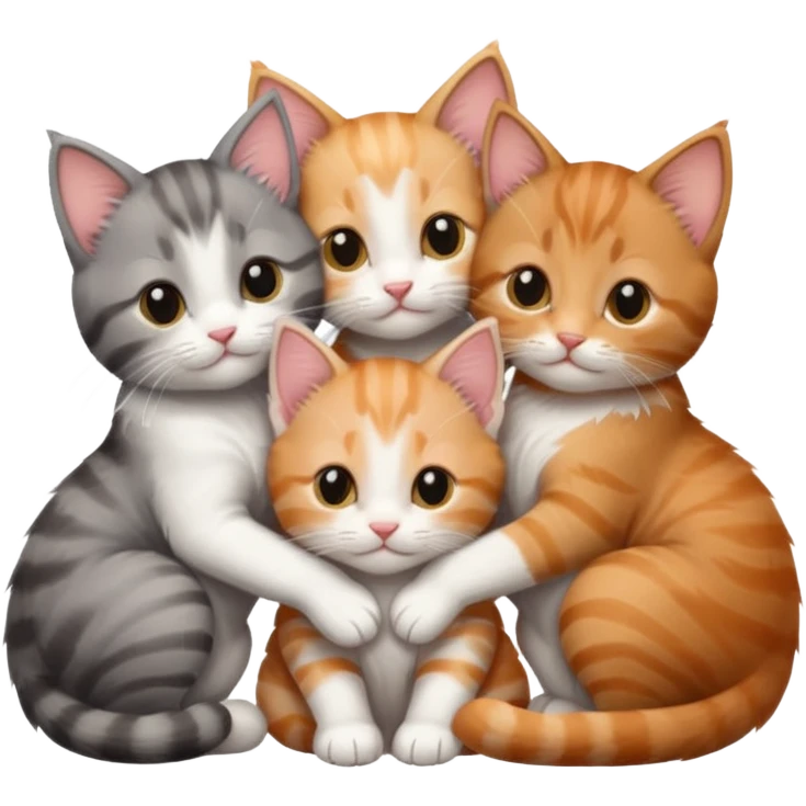 6 tiny kittens cuddling together all different colours, the first one is grey and white, the second is ginger and white and the third is brown tabby and white emoji