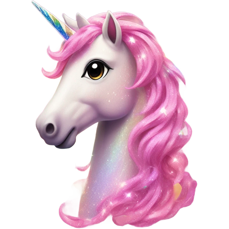 Sparkly pink unicorn with a rainbow emoji