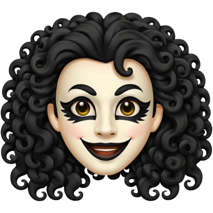 generate theatre mask emoji with a big curly black hair 

wide black coloured smile, long and pointy white nose with no nostrils, pitch black eyes emoji