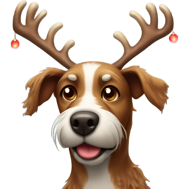 Brown scraggly dog with Christmas antler and red light up nose like Rudolph   emoji