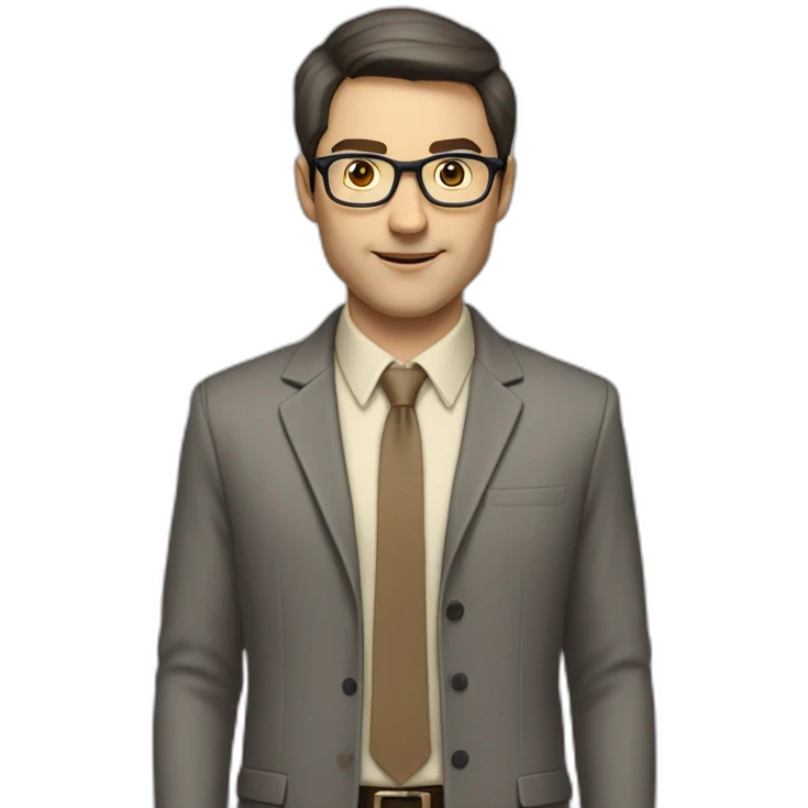 Full height Actively gesturing with hands Pale skinned fit man with dark brown hair in gray jacket, beige office shirt, brown tie, brown pants and vintage glasses. emoji