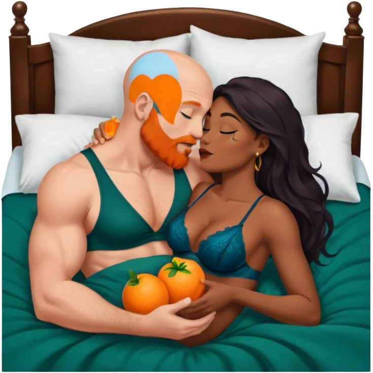 Muscular Bald white male who has a orange beard & blue eyes, passionately kissing curvy African American dark brown woman who has long brown/black hair wearing dark green lingerie Laying in bed displaying love, making tenderness, physical romance, pair-bonding & affection, caress  emoji