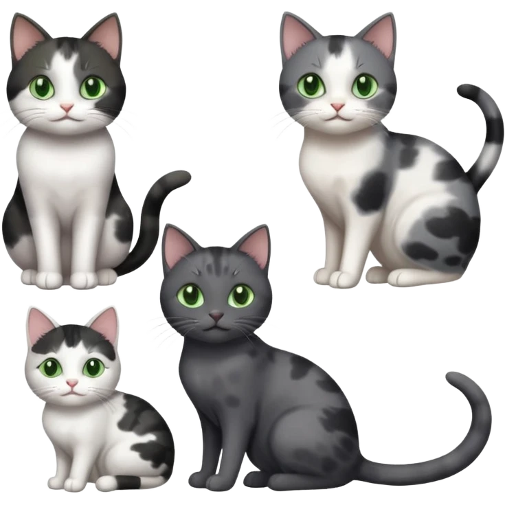 3 different coloured small cats including a dark grey and white, and a patchy calico and a completely solid dark grey with green eyes and only white paws emoji