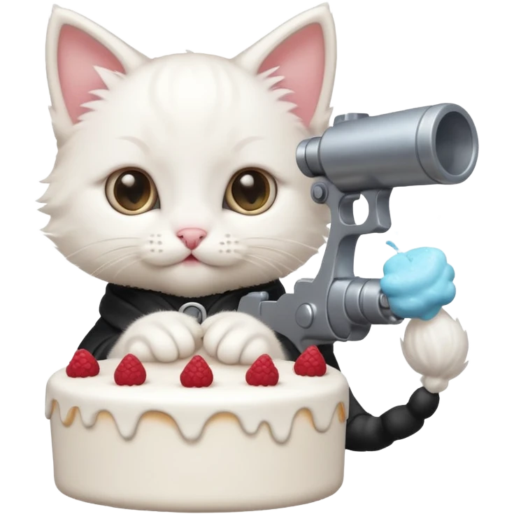 реалистичный белый котенок стреляющий из пороховой пушки тортиком emoji