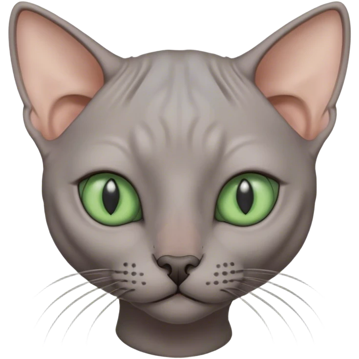 Grey hairless cat with green eyes and curled ears emoji