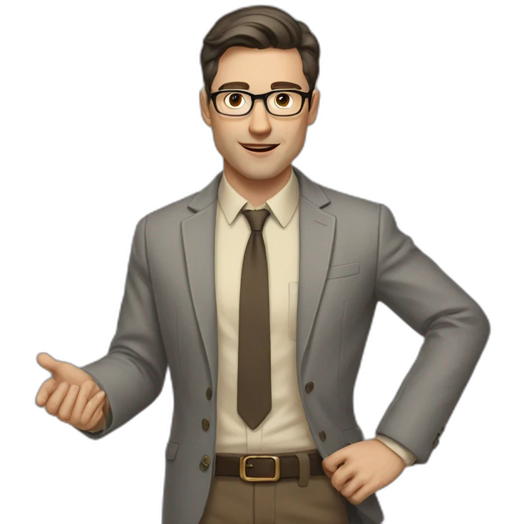Full height Actively gesturing with hands Pale skinned fit man with dark brown hair in gray jacket, beige office shirt, brown tie, brown pants and vintage glasses. emoji