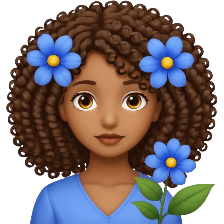 Qro uma moça morena de cabelo cacheado com uma flor azul no cabelo emoji