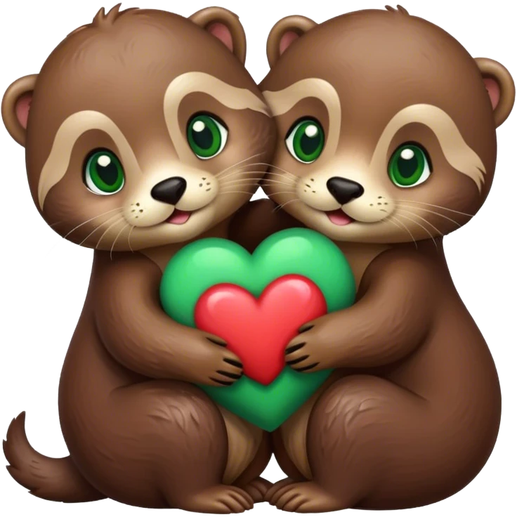 Otter with green eyes and an otter with brown eyes hugging with a heart  emoji