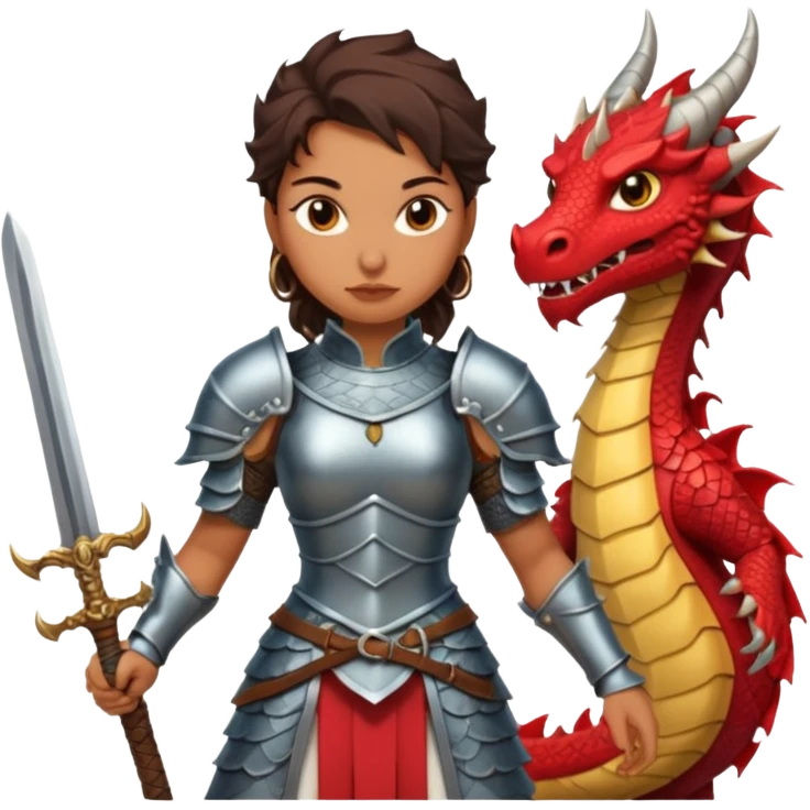 Fierce Latina in armor with a sword next to beheaded dragon emoji