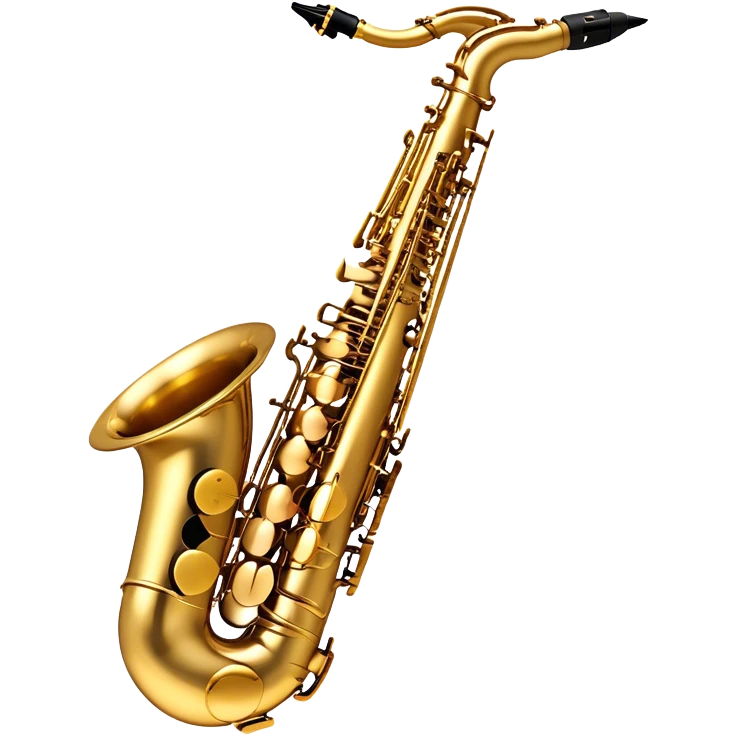 Create a sleek and sophisticated emoji representing the Selmer Super Action 80 Series II saxophone. The design should feature the smooth, golden brass body of the saxophone with its shiny keys and beautiful curves. Highlight the iconic bell of the saxophone and the fine details of the keywork, including the pads and springs. Include the mouthpiece at the top with a reed visible, capturing its essential role in sound production. Use rich gold and brass tones for the instrument with subtle light reflections to enhance its professional appearance. Add musical notes floating around the saxophone to evoke its smooth, jazzy sound. The background should be transparent. emoji