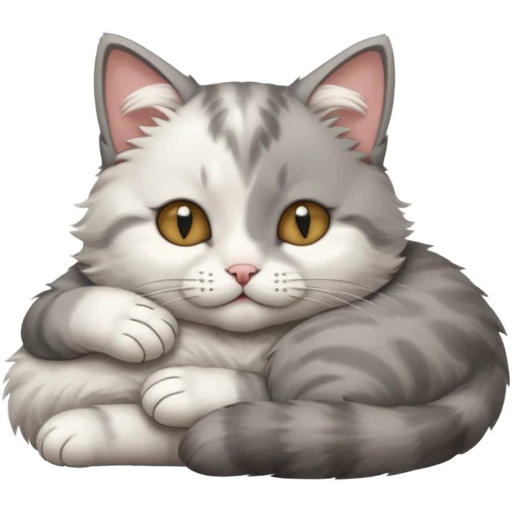grey and white small cat with its eyes closed lying down with its paw curled and holding up his head emoji