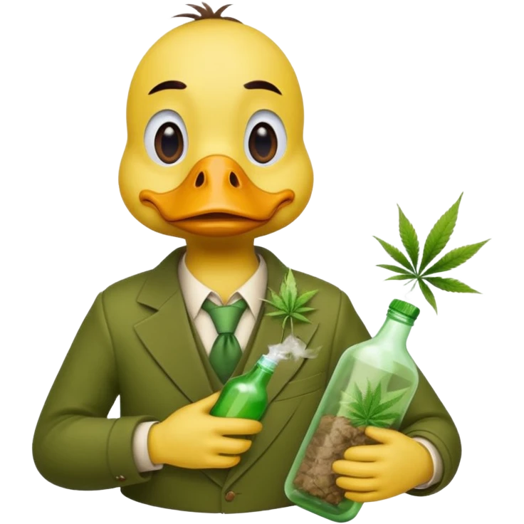 Drunk and high duck animal holding weed bottle and a bag of weed. Looking sloshed emoji