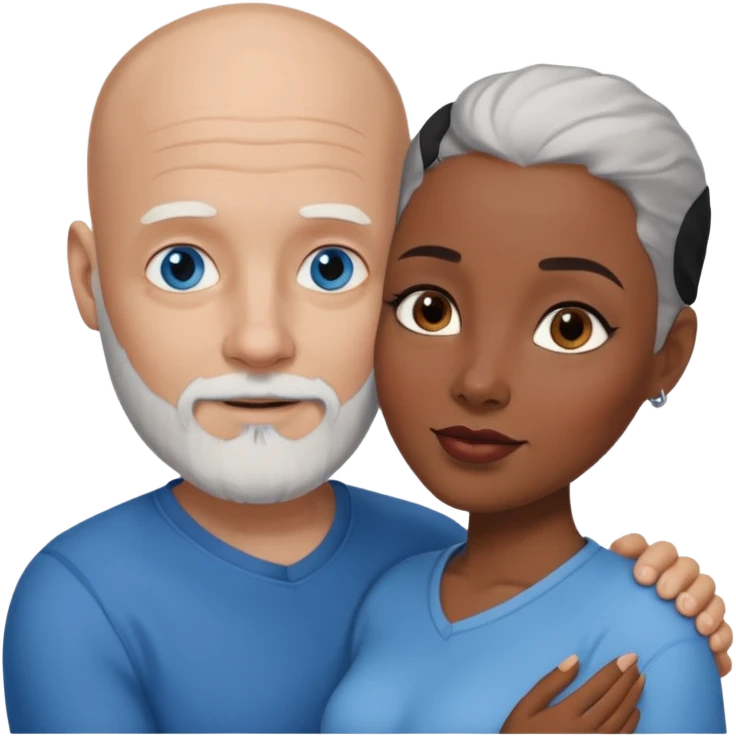Talk bald white man with a white beard and blue eyes lovingly holding a black woman with brown eyes and grey hair emoji