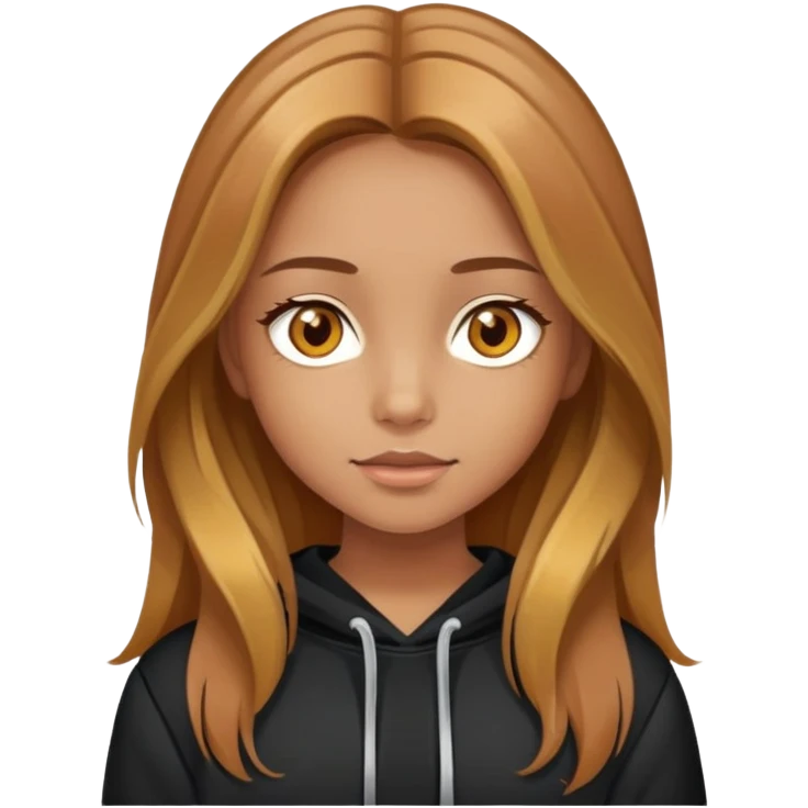 Girl with little bit of makeup and the eyes with like honey color and long light chestnut with highlights and little bit blonde hair in the tips of the hair, with a black sweatshirt emoji