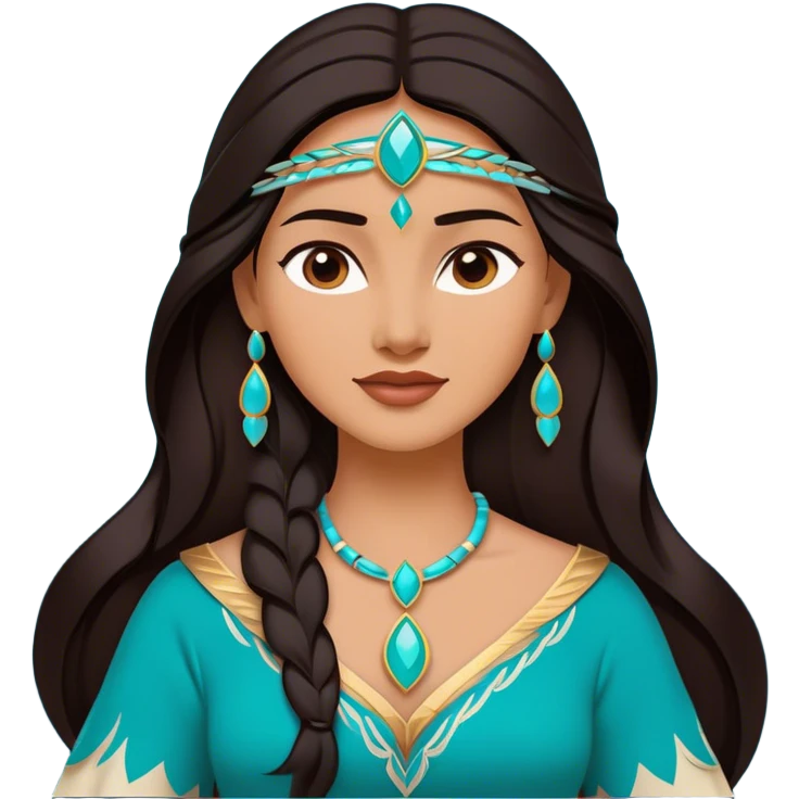 Cinematic Majestic Pocahontas Portrait Emoji, rendered in a clean, vector-style with bold shapes. Show Pocahontas with a serene, noble expression, radiant sun-kissed skin, and elegantly flowing dark hair, dressed in traditional garments with subtle turquoise accents. The design radiates a majestic, natural glow, high shine, and a soft glowing outline, capturing her regal beauty. emoji