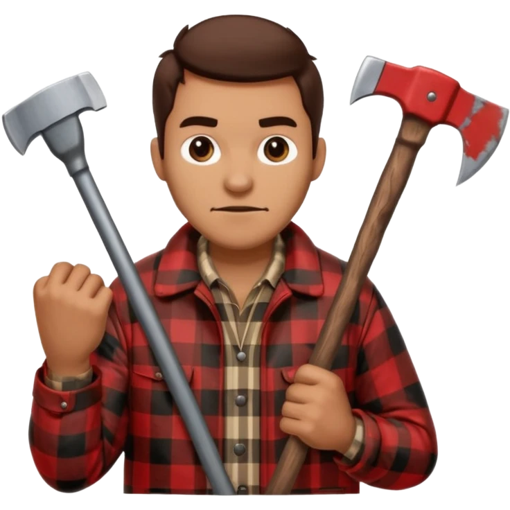 Man wearing buffalo plaid jacket with an axe emoji