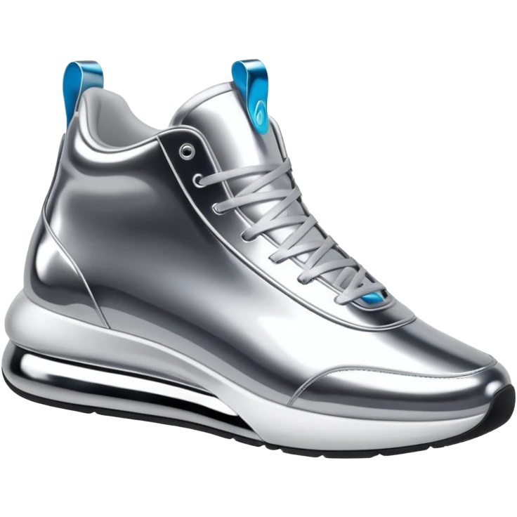A pair of futuristic sneakers emoji made of silver chrome, sleek streetwear design, smooth metallic panels, subtle reflections, luxury swag aesthetic, iOS emoji style, centered, clean white background emoji