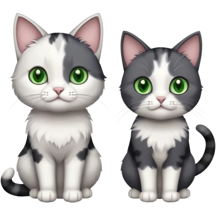 3 different coloured small cats including a dark grey and white, and a patchy calico and a completely solid dark grey with green eyes and only white paws emoji