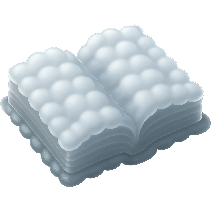 top view of a thick open book made entirely of small, very bright white fluffy convex clouds, matte glass style emoji