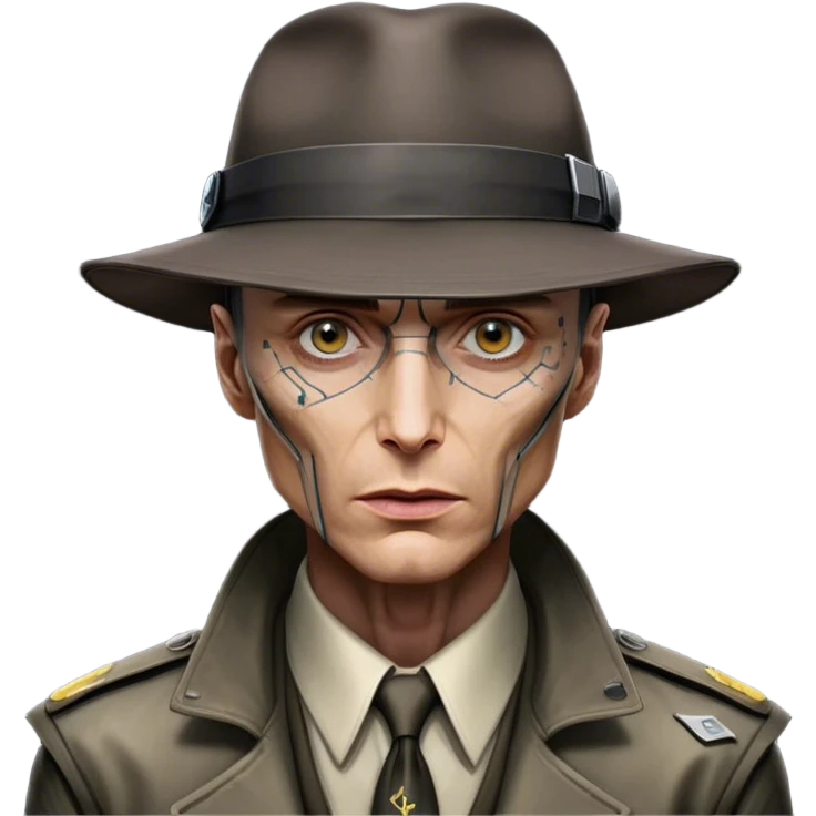 Cillian Murphy's J Robert Oppenheimer Wearing his hat, while his eye, ear, nose and upper body has been replaced with Cybernetic Organism and Neural Network in CyberPunk 2077 emoji