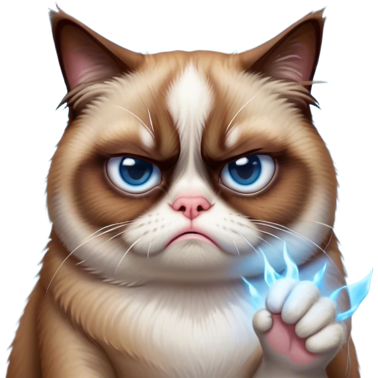 Cinematic Meme-Worthy Grumpy Cat meme Portrait Emoji, Head held high but eyes filled with dramatic disappointment, soft brown fur , white paws planted firmly in defiance, signature grumpy cat frown perfectly etched on its face, icy-blue eyes radiating pure disapproval, Simplified yet hilariously over-exaggerated features, highly detailed, glowing with an aura of supreme annoyance, high shine, exhausted yet judgmental, stylized with an almost regal pettiness, bright but brooding, soft glowing outline, capturing the essence of a feline that has seen it all and is thoroughly unimpressed, so meme-worthy it feels like it could instantly become the next viral sensation of grumpiness! emoji