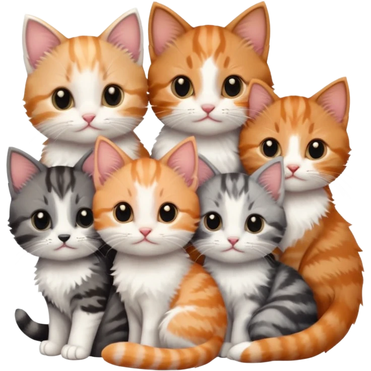 6 tiny kittens cuddling together all different colours, the first one is grey and white, the second is ginger and white and the third is brown tabby and white emoji