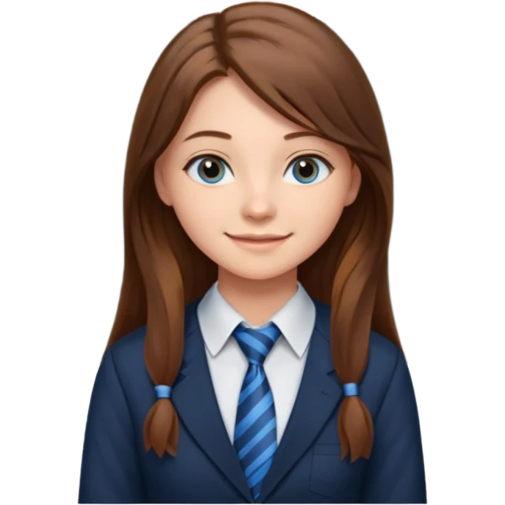 high school class room with a pretty female high school student with long brown hair, blue eyes, wearing a tie, sitting in front of the blackboard emoji