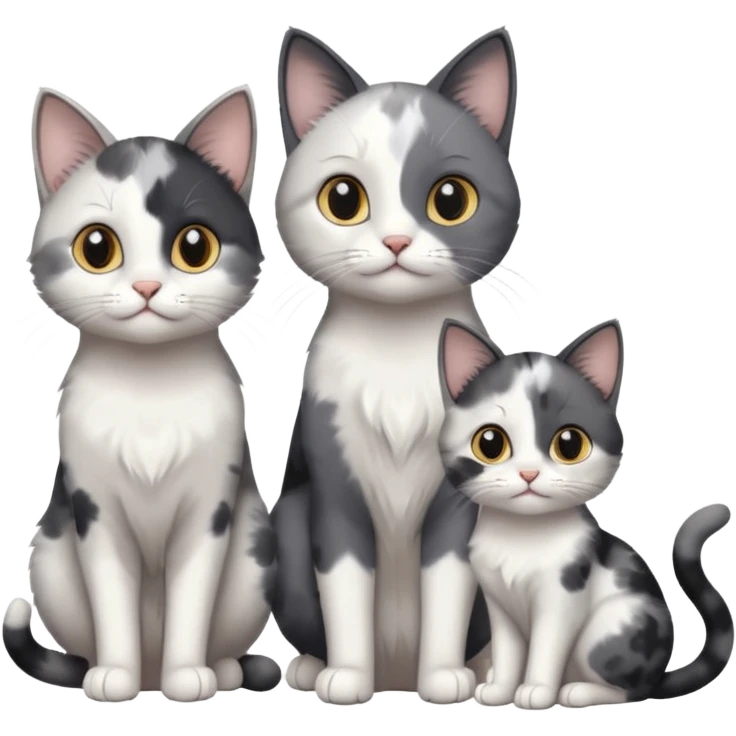 3 different coloured small cats including a dark grey and white, and a patchy calico and a completely solid dark grey with only white paws emoji