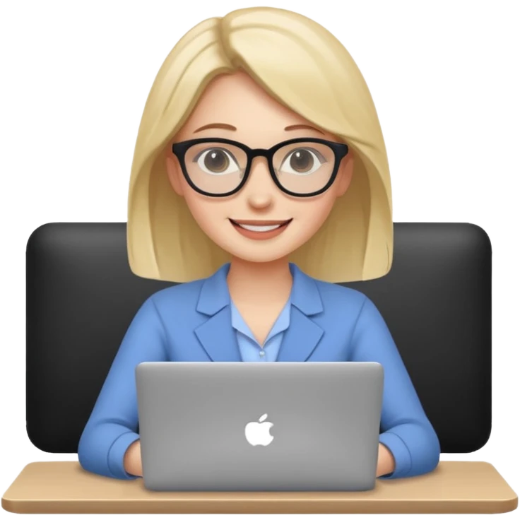 Девушка сидит на работе с ноутбуком. Она улыбается  emoji