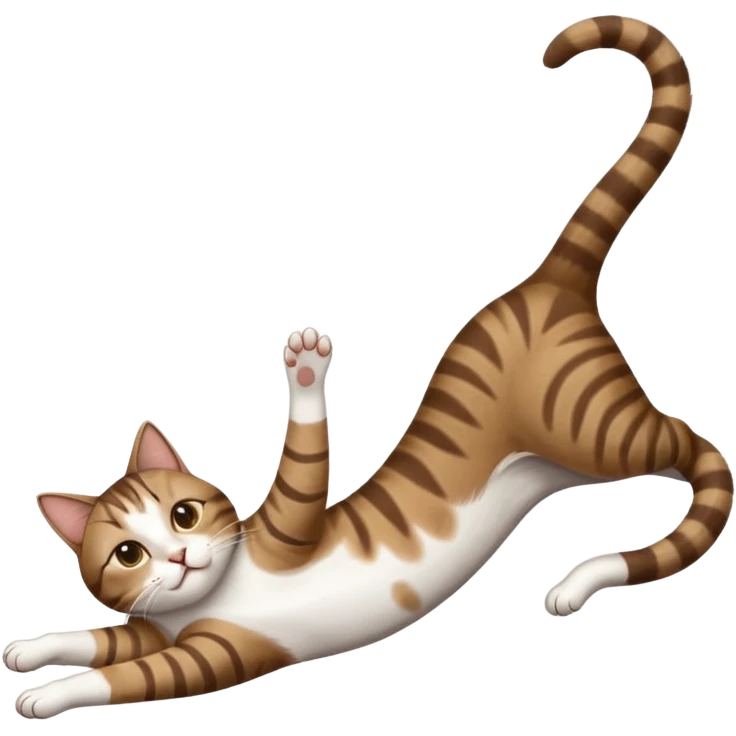dark brown tabby and white cat with doing a big extremely long stretch reaching up into the air with arms and legs side by side together straight and overextended whilst lying on its side emoji