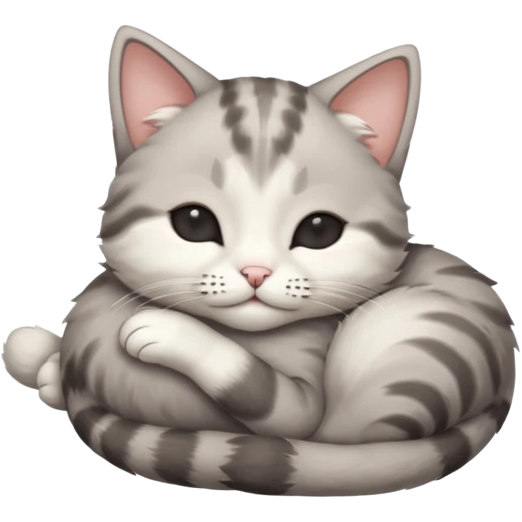 grey and white small cat with eyes closed lying down upside down with its head resting on its curled paw emoji