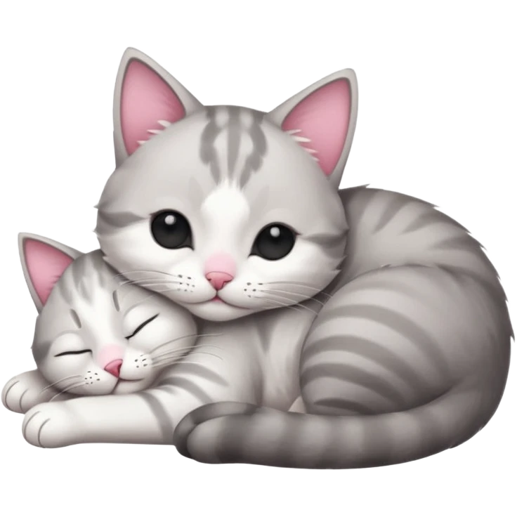 1 grey and white small cat with his eyes closed lying down leaning on his elbow with his paw curled under his head holding it up emoji