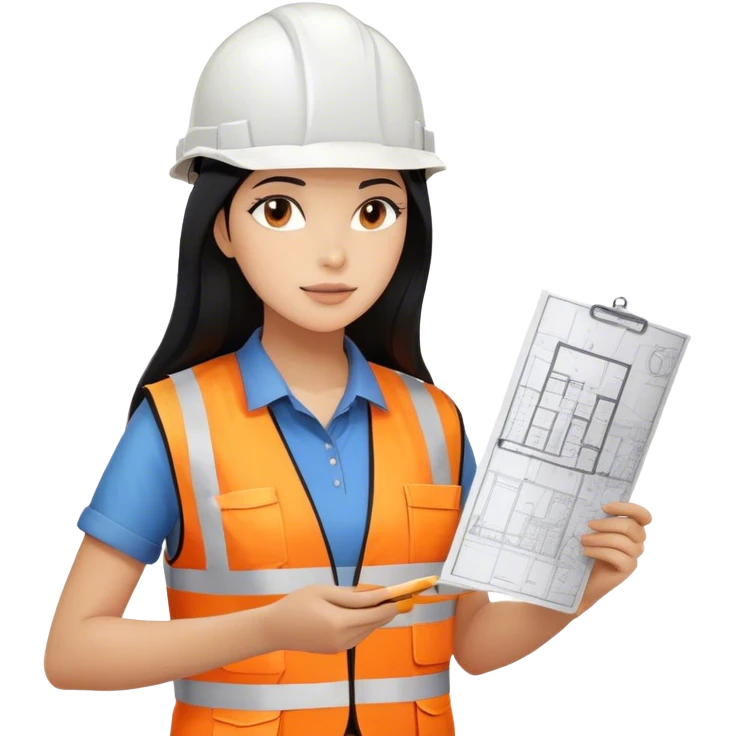 Female civil engineer with long black hair wearing white helmet and an ...