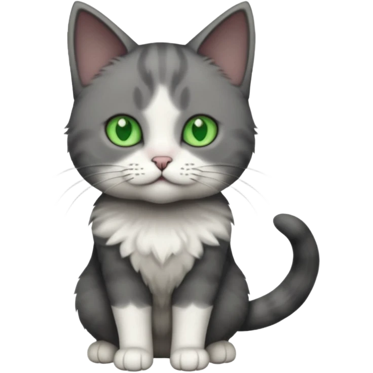 full body small short hair dark grey and white cat with green eyes emoji