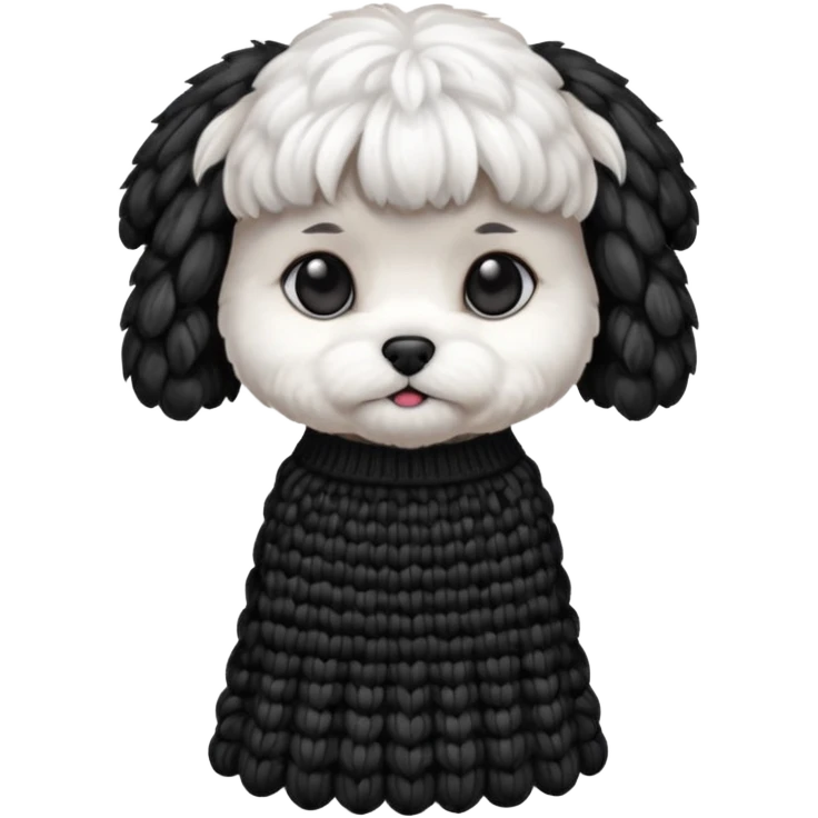 Maltese seduto in bianco e nero con vestitino in maglia emoji