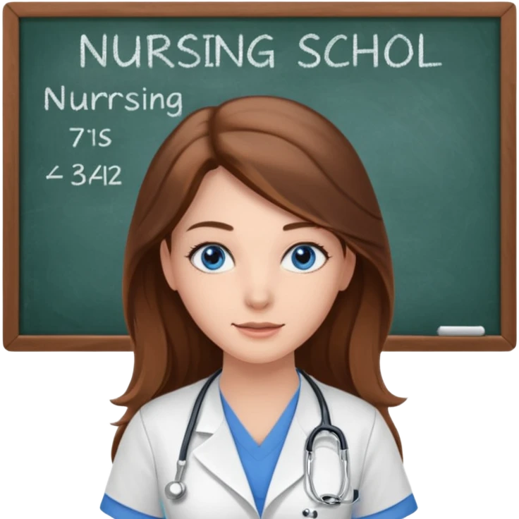 inside a classroom at university that says nursing school on the board with a pretty female nursing student with long brown hair, blue eyes emoji