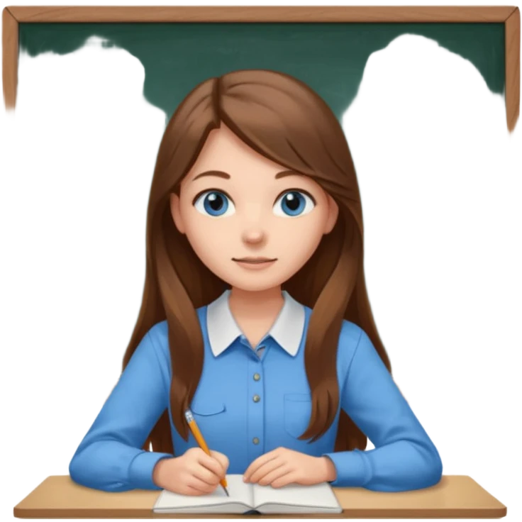 high school class room with a pretty female high school student with long brown hair, blue eyes sitting in front of the blackboard emoji