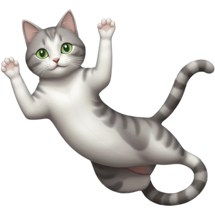 grey and white cat with green eyes doing a big extremely long stretch reaching up into the air with arms and legs side by side together straight and overextended whilst lying on its side emoji