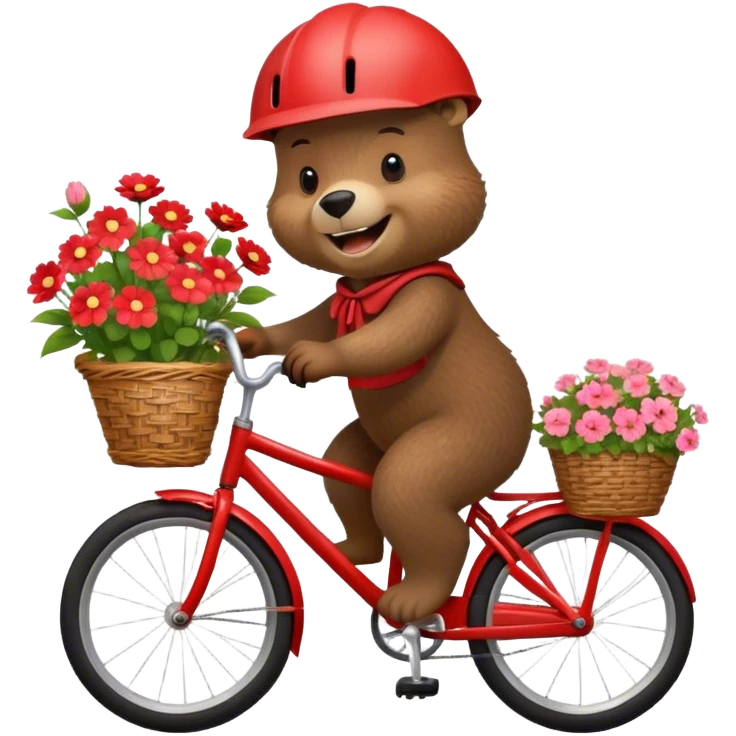 A cheerful brown bear riding a red bicycle, wearing a cute helmet, with a big smile and a basket full of flowers on the front. Bright, cartoonish style, simple and fun. emoji