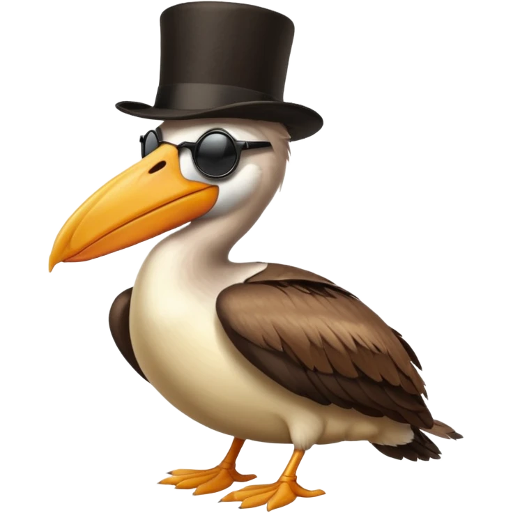 pelican with poise, wearing sunglasses and formal top hat emoji