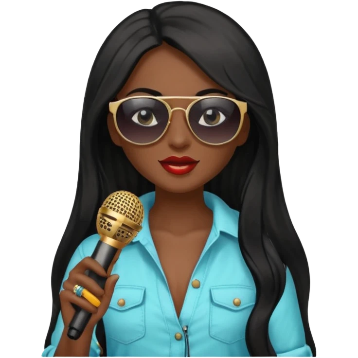 dark long haired woman with summer clothes and sun glasses holding microphone emoji