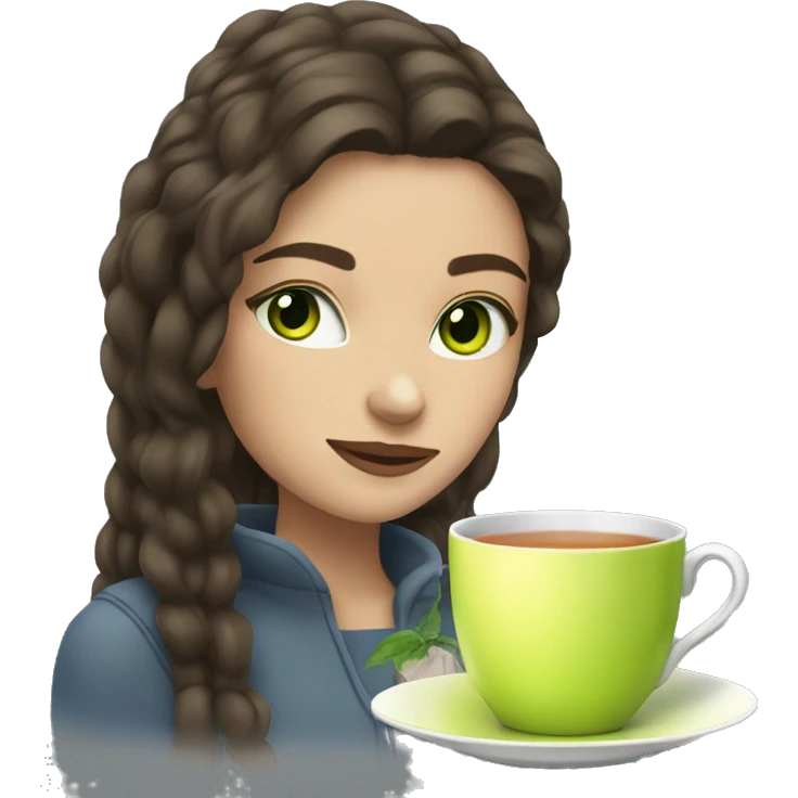 Girl sipping tea with brunette hair and green eyes  emoji