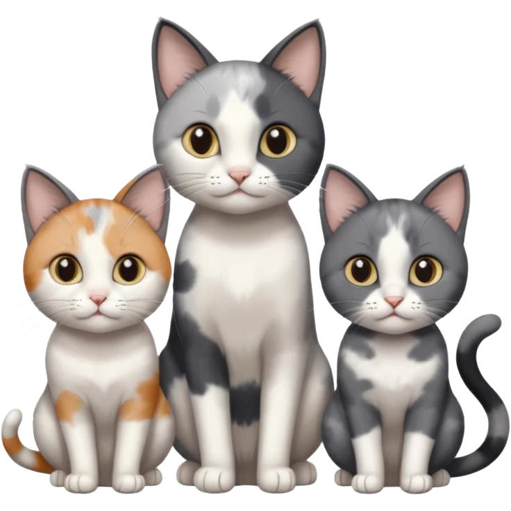 3 different coloured small cats including a dark grey and white, and a patchy calico and a completely solid dark grey with only white paws emoji