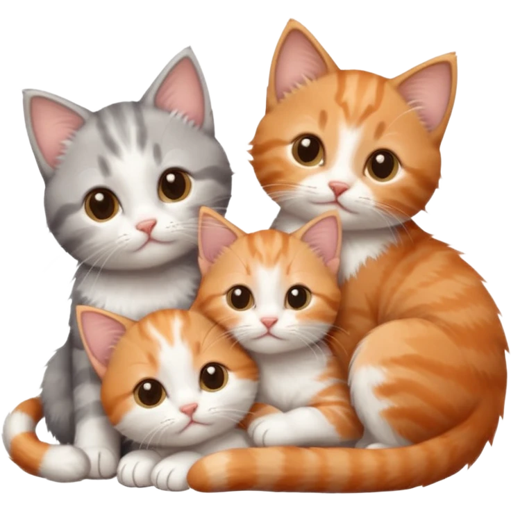 3 tiny kittens cuddling together all different colours, the first one is grey and white, the second is ginger and white and the third is brown tabby and white emoji