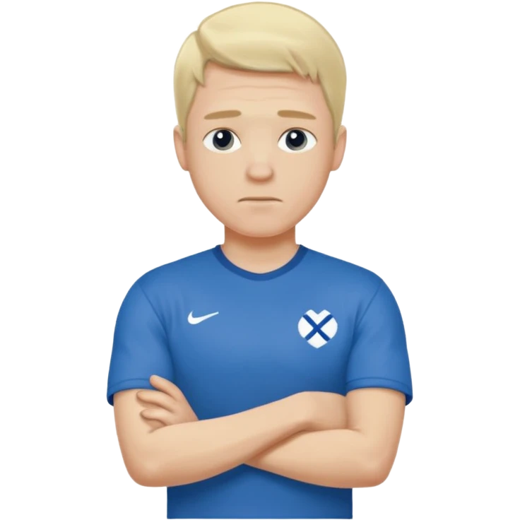 Pale blond man in blue football t shirt crossed arms trembling from cold emoji